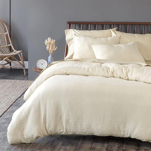 Welhome Gauze 100% Cotton Duvet Cover Set | King/Cal King Size | Cream | 108" x 92" | 3 Piece | Supersoft | Lightweight | Breathable | Machine Washable