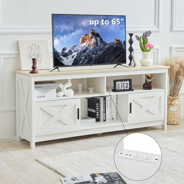 Redlife TV Stand White, Farmhouse TV Stand for 50-65 Inch, Entertainment Center with Power Outlets, Under TV Cabinet, Rustic Media TV Consoles Table for Living Room, Farmhouse TV Console (Natural)