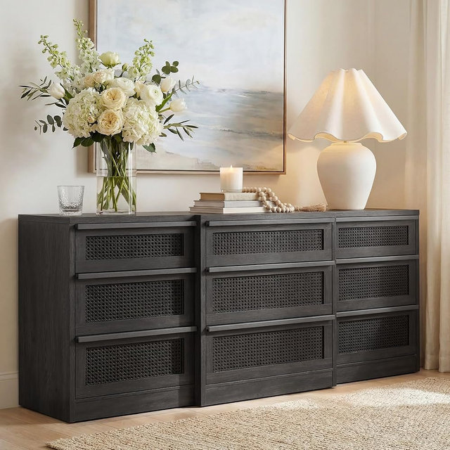 STO'SENSE 9 Drawers Dresser for Bedroom, 63" Wide Rattan Dressers, Large Chest of Drawers for Bedroom, Dresser TV Stand