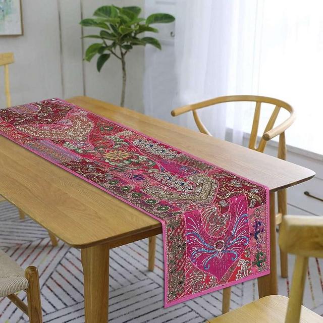Treen Art Linen Indian Table Runner 16" W x 60" L, Ethnic 100% Cotton Embroidered Handcrafted Mirror Art Long Patchwork Dining Indian Table Cloth (Fuchsia)