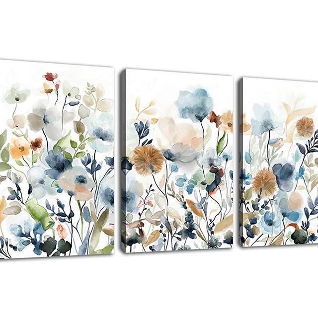 Flowers Canvas Wall Art Wildflowers Canvas Pictures Rustic Botanical Artwork Abstract Watercolor Landscape Painting Artwork for Home Living Room Bedroom Office Wall Decor Ready to Hang 12"x16"x3 Pcs