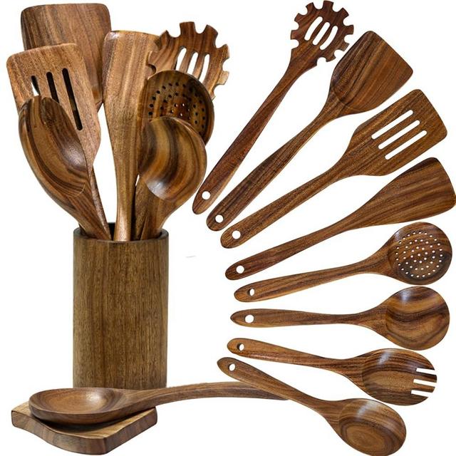Vorisebo Wood Spoons for Cooking, Natural Teak Wooden Utensils Set, 10 Piece Handmade Wooden Utensil Set with Holder and Spoon, Durable Nonstick Kitchen Cookware Tool