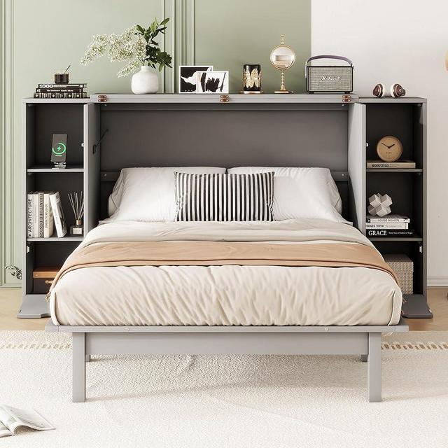 Full Size Murphy Chest Bed Foldable Cube Cabinet Bed Solid Wood Platform Bedframe Space Saving Hidden Bed with Shelves, Drawers and USB Ports for Guest Room/Office/Apartment