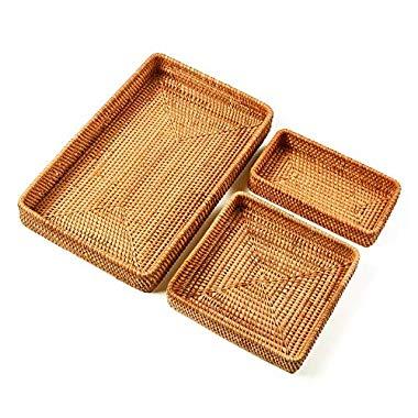 I-lan Set of 3 Handmade Rattan Rectangle Serving Tray Wicker Serving Organizer Tabletop Fruit Platter