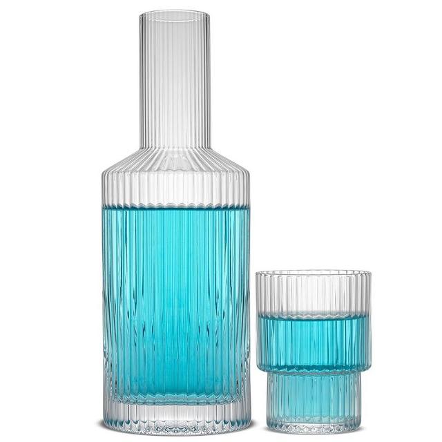 JoyJolt Bedside Water Carafe and Glass Set. Elle Fluted Glass Carafe and Ribbed Glassware. Vintage Nightstand Water, Mouthwash Decanter for Bathroom or Ribbed Glass Vase. Mid Century Modern Glassware