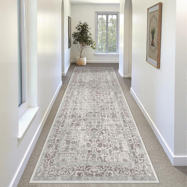 PureCozy Taupe Runner Rug 2x8 Hallway Machine Washable Kitchen Vintage Distressed Non Slip Long Carpet Indoor Retro Floral Bedroom Accent Throw Rug for Bathroom Office Laundry Dining Living Room