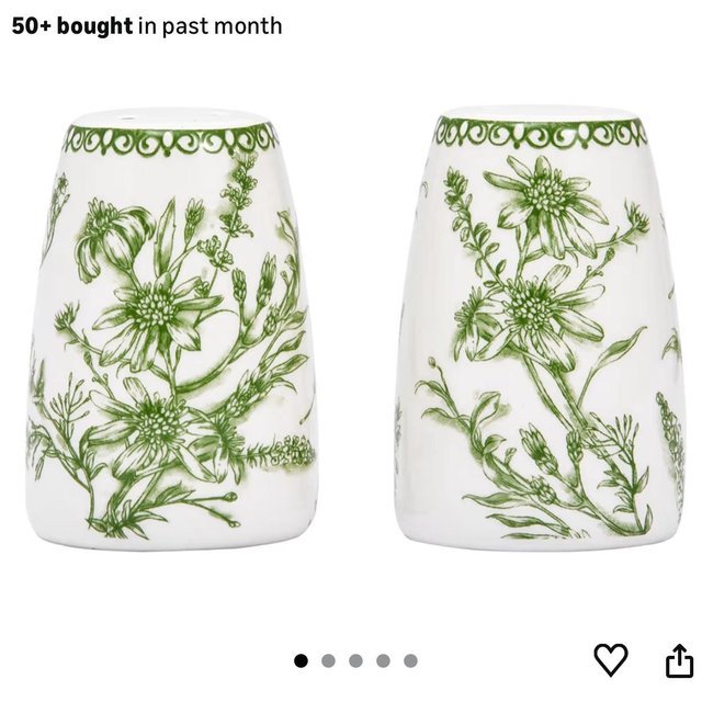 Bico Green Garden Toile De Jouy Ceramic Salt & Pepper Shaker Set, for Kitchen or Decor, Dishwasher Safe