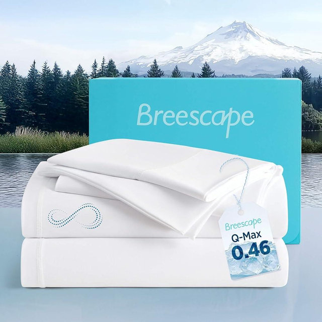 Breescape Cooling Sheet Set Queen Size - BlendTek™ Dry & Cool Technology for Hot Sleepers and Night Sweats, Q-Max>0.46, Deep Pocket Up to 18", 360° Elastic Band, Snow White