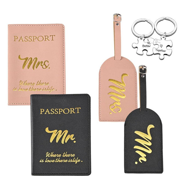 6 PCS Mr and Mrs Passport Holder Set PU Leather Passport Covers Black and Pink Personalized Passport Holder、Luggage Tags and Keychain for Travel Bridal Wedding Honeymoon