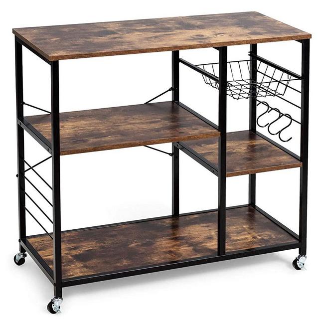 Giantex Industrial Kitchen Baker's Rack with Lockable Universal Wheel, Microwave Oven Stand, Metal Frame, Utility Storage Shelf, Basket and Hooks, Easy Assembly (Brown)