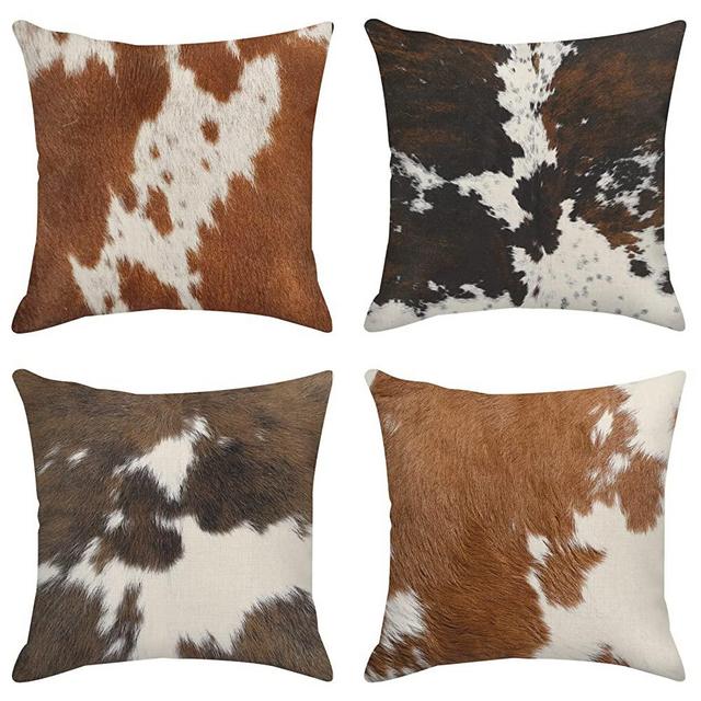 Throw Pillow Covers Cowhide Print Home Decor Set of 4 Pillow Cases Decorative 18 x 18 Inches Outdoor Cushion Couch Sofa Pillowcases, Cow Brown Animal Deep
