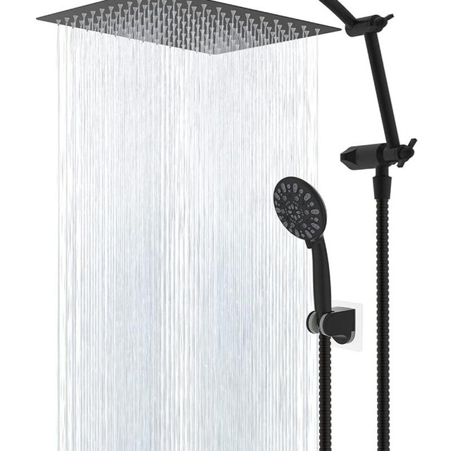 Hibbent All Metal Shower Head,10'' High Pressure Rain Shower Head/Handheld Showerhead Combo, 16'' Adjustable Arc-shaped Shower Extension Arm, 7-Spray, 71'' Hose Adhesive Showerhead Holder, Matte Black