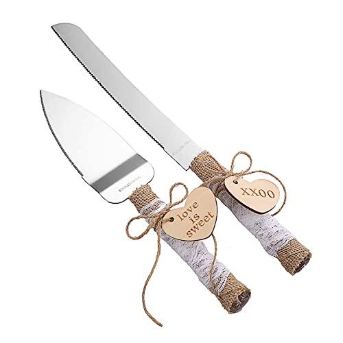 TANG SONG Set of 2 Rustic Wedding Cake Knife and Serving Set with Twine Heart Love Wood Tag Burlap Lace Wedding Cake Knife
