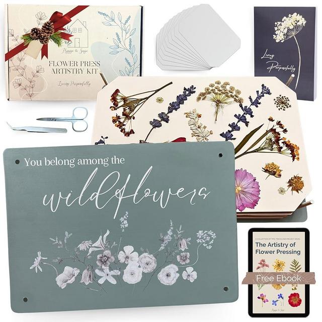Hygge & Sage Extra Large Wooden Flower Press Artistry Kit with Nature Journal | 6-Layer, 8 x 11 Inch Flower Pressing Kit for Adults with Extra Blotting Paper, Scissors, Tweezers and Bonus Ebook