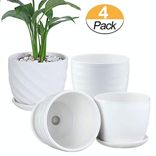 Plant Pots - 4.7 Inch Cylinder Ceramic Planters with Connected Saucer, Pots for Succuelnt and Little Snake Plants, Set of 4, White