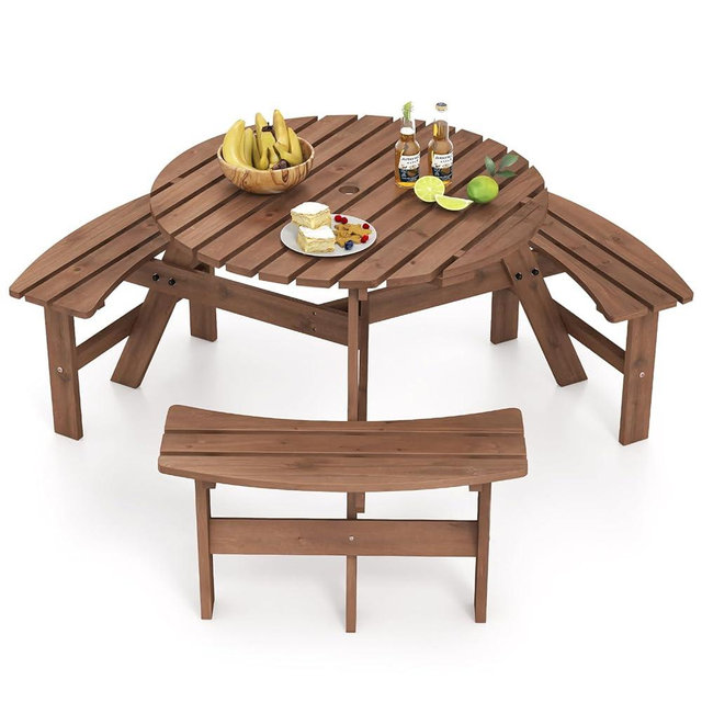 Giantex 6-Person Round Picnic Table Set with 3 Benches, 550 LBS Bench Capacity, 2" Umbrella Hole, Circular Outdoor Wood Dining Table & Chairs for Patio Yard Garden Porch Deck (68”x62”x28”,Brown)