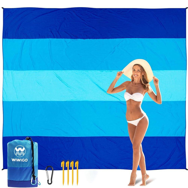 WIWIGO Beach Blanket Sandproof Extra Large Beach Mat Adults Waterproof Quick Drying Sand Free Mat Made by Premium Polyester with 4 Stakes & 4 Corner Pockets for Outdoor Travel Camping Hiking