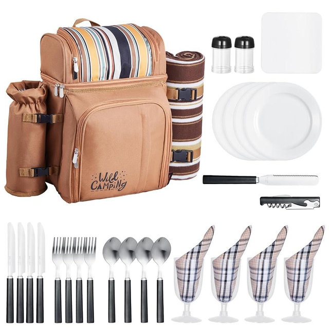 VEVOR Picnic Backpack, Beach Picnic Backpack Bag for 4 Person with Insulated Cooler Compartment, Detachable Bottle/Wine Holder, Lightweight Blanket, Plates and Cutlery Set for Hiking & Camping, Brown