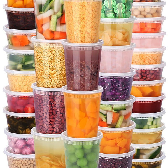 NESCCI 96 Pack (192-Piece) Deli Containers with Lids, 32/16/12/8 oz X 24 Set Each, Leak-Proof & BPA Free Airtight Takeout Plastic Food Storage Containers for Soup, Meal Prep, Microwave/Freezer Safe