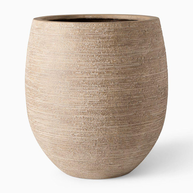 Curved Round Ficonstone Indoor/Outdoor Planter, Large, 20.5"D x 22.5"H, Textured Stone
