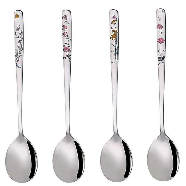 YAPULLYA Korean Soup Spoons, 18/8 Stainless Steel Long Handle 8 Inch Tablespoon, Asian Metal Dinner Spoons, Set of 4 (flowers)