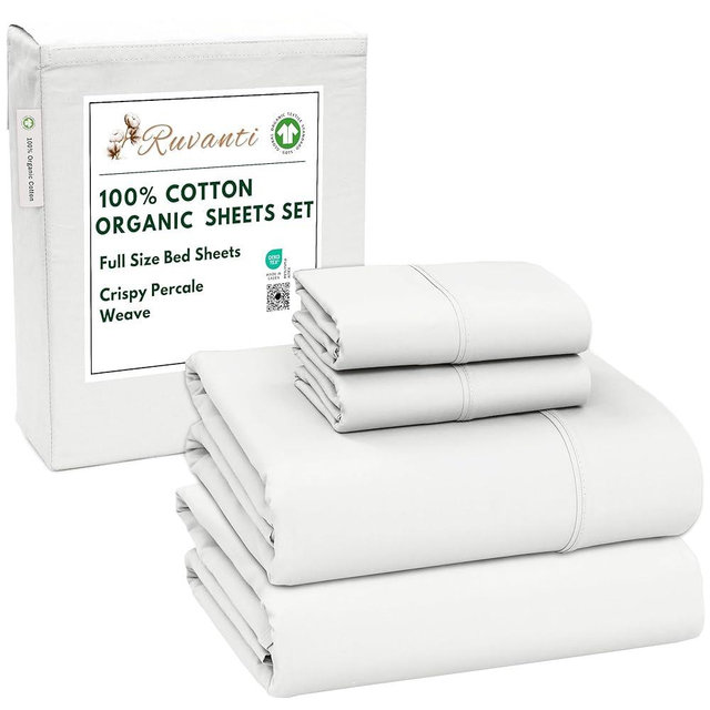 RUVANTI 100% Cotton Organic Percale Sheets Full Size – Crisp Cooling Bed Sheets for Hot Sleepers, Deep Pocket 15”, Soft Peach Finish, Breathable & Durable Hotel-Style 4 Pcs, Bit of Blue