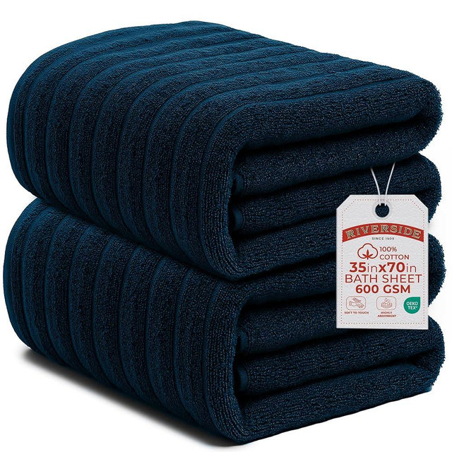 RIVERSIDE Pack of 2 Extra Large Bath Sheet Towels, 35 x 70 Inches, 600 GSM, Ribbed Stripe, 100% Cotton - Super Soft, Highly Absorbent & Quick Dry for Bathroom, Spa & Hotel, Opal Blue
