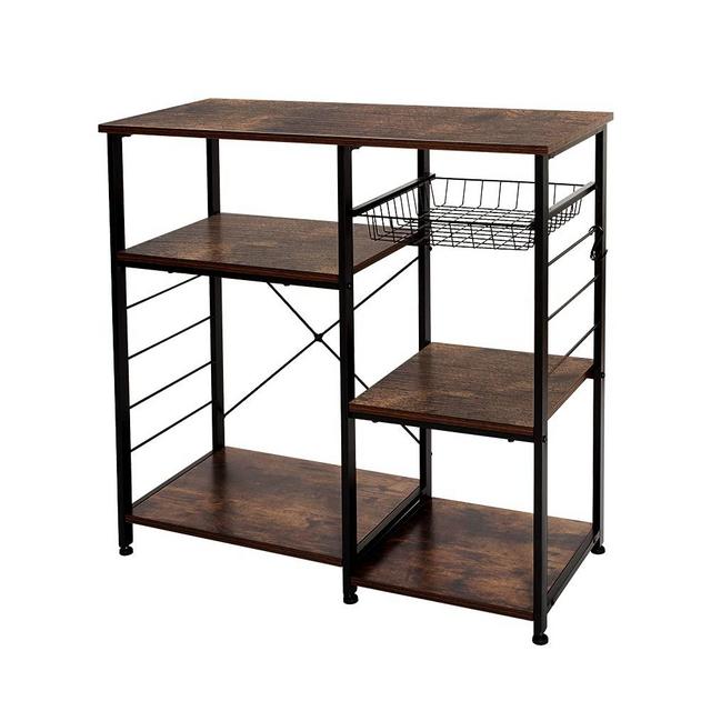 AZL1 Life Concept Industrial Kitchen Rack, Coffee Bar, Microwave Stand Metal Frame, Wire Basket 6 Hooks Mini Oven, Spices Utensils, Simple Assembly, 35.4inch, Rustic Brown
