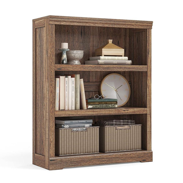 LINSY HOME 3-Tier Bookcase Display Storage Shelves Farmhouse Bookshelf for Home Office, Living Room, Bed Room - Dark Brown