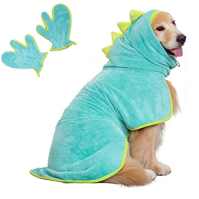 Pawyee Super Soft Fast-Drying Dog Towel with Drying Gloves for Cold Weather, Beach, Pool - Adjustable Microfiber Bath Robe Set (2 pcs) for Cats and Dogs (XL, Blue Dino)