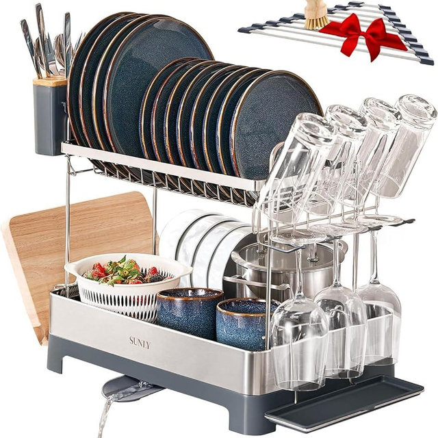 SUNLY 2 Tier Large Dish Drying Rack Set, 304 Stainless Steel Dish Rack for Kitchen Counter, Multifunctional kitchen dish drainer rack with Adjustable Spout, Utensil Holder and Bottle Rack, Gray