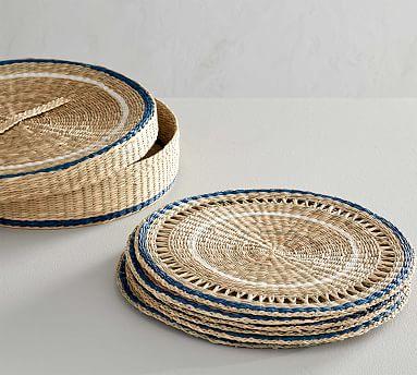 Blue Rim Woven Seagrass Placemats, Set of 6