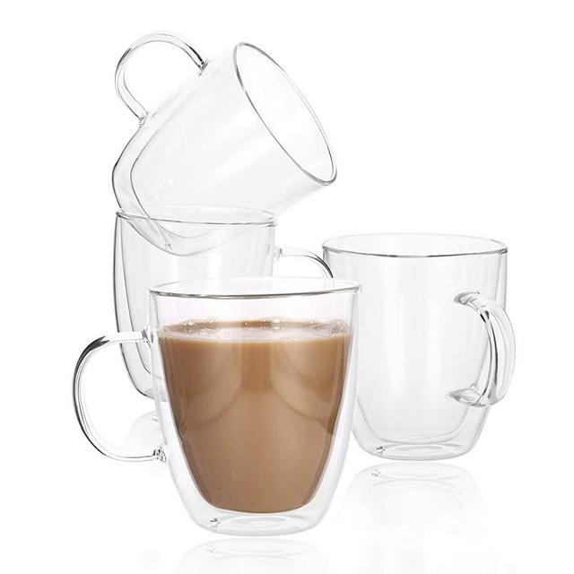 Chuniff - Double Wall Glass Coffee Mugs, 16 Ounce Large Insulated Mugs with Handle, For Expresso, Latte, Cappuccinos, Beer, Fruit Juices, Iced Tea, Beverage, Set of 4