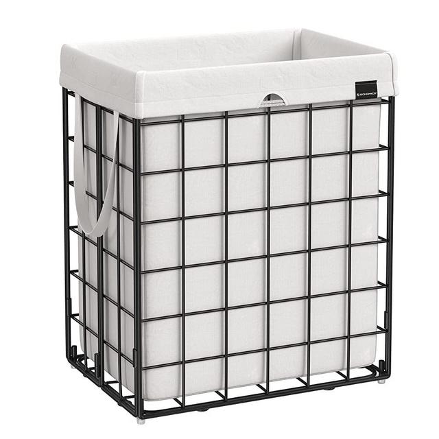 SONGMICS 23.8 Gal. Laundry Basket, Laundry Hamper, Collapsible Clothes Hamper, Removable and Washable Bag, Metal Wire Frame, for Bedroom Bathroom, Black and White ULCB190W01