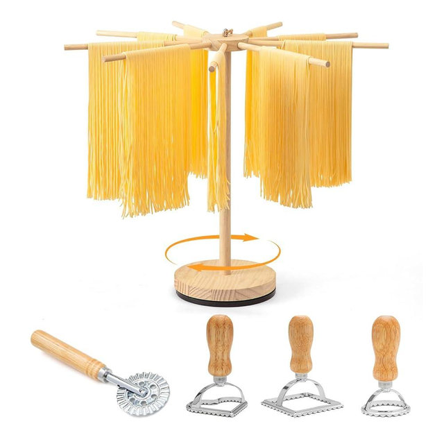 Rotary Pasta Drying Rack, Collapsible Pasta Drying Rack,Ravioli Stamp Maker Cutter with Roller Wheel (4 pcs), Detachable Spaghetti Pasta Noodle Drying Rack Hanger Stand
