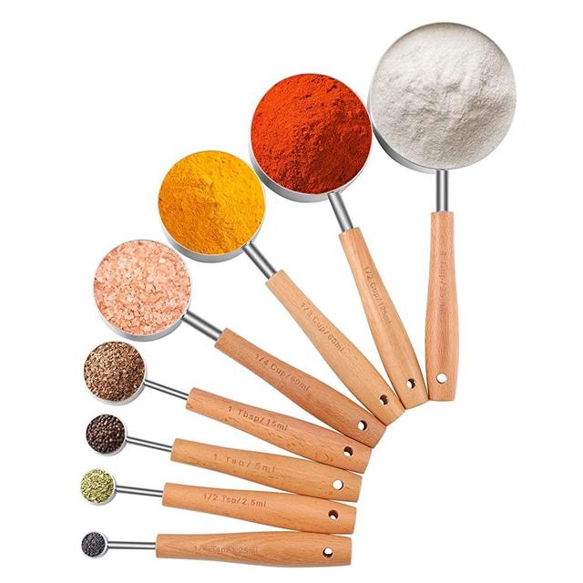 Stainless Steel Measuring Cups and Spoons Set of 8, Metal Measuring Spoons with Wooden Handles, Liquid/Food/Kitchen/Baking