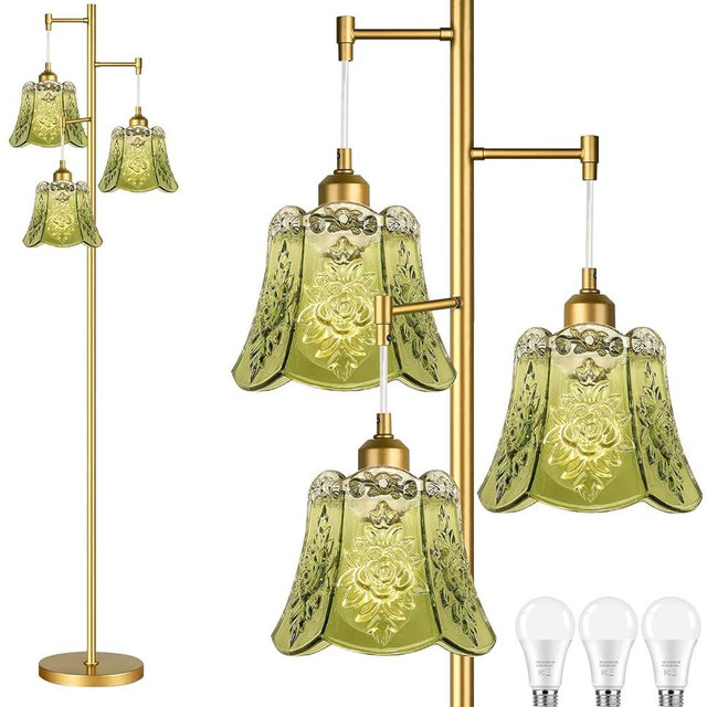 QIYIZM Gold Floor Lamp for Living Room,Bedroom,Tree 3 Light Standing Lamp Mid Century Modern Brass Tall Floor Lamps Vintage Retro Floor Lights Glass Green Flower Lamp Shade Farmhouse Boho Bohemian