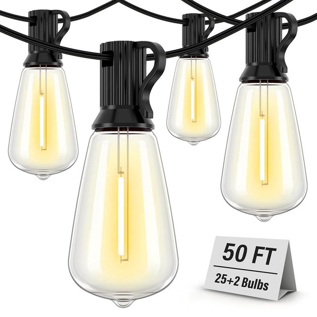 Doukedge Outdoor String Lights Waterproof, 50FT Patio Lights with 26 ST38 Edison Bulbs (1 Sqare), Outside Hanging Decorative Lights for Porch, Blacony, Blackyard, Bistro, Garden, 2700K