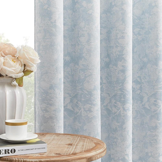 Beauoop Blue Floral Jacquard Blackout Curtains 72 Inches Long 2 Panels for Bedroom Living Room Chenille Flower Room Darkening Thermal Insulated Soundproof Grommet Window Treatments Drapes, 52x72