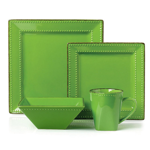 Lorren Home Trends 16 Piece Square Beaded Stoneware Dinnerware set, Service for 4