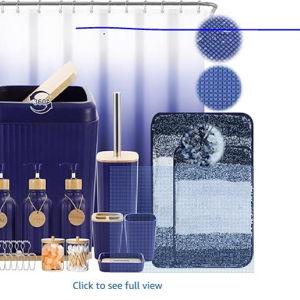 32PCS Bathroom Sets with Shower Curtain and Rugs Navy Blue Shower Curtain Set 3PCS Soap Dispenser Bathroom Accessories with Bathroom Trash Can
