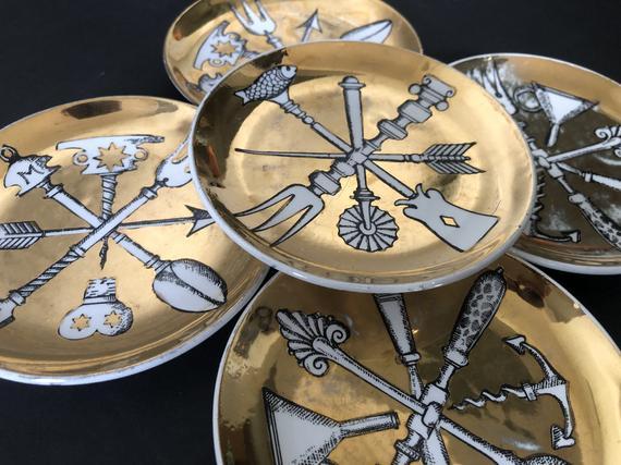 Signed + Box: Fornasetti Milano "Positeria" Ceramic Coasters/Small Plates, Set of Five with Original Box; Roos Brothers; Fornasetti Italy