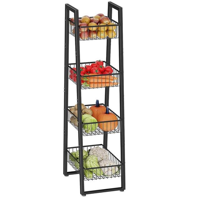 Simple Trending 4 Tier Fruit Vegetable Basket, Metal Wire Kitchen Storage Organizer on Wheels for Bread Onion Potatoes, Black