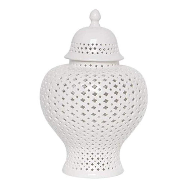 ARTLINE Decoration Traditional Chinese White Lattice Ginger Jar with Lid,Carthage Pierced Porcelain Lantern,Jingdezhen Ceramic White (Size : Medium)