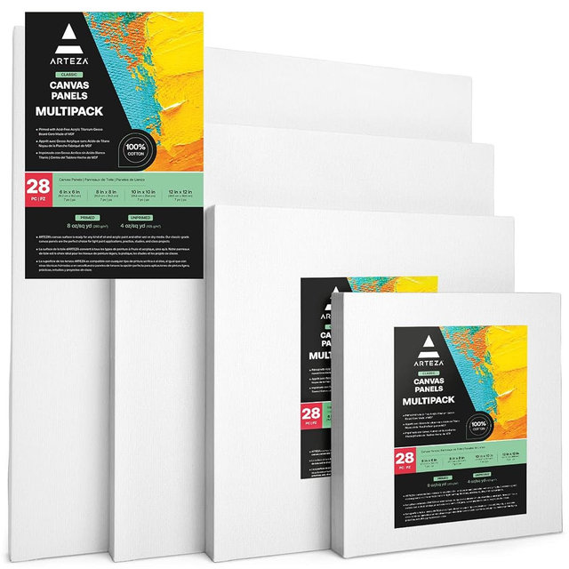 ARTEZA Canvas Boards for Painting, 6 x 6, 8 x 8, 10 x 10, 12 x 12 Inches, Multipack of 28, Blank White Canvas for Acrylic, Oil and Gouache Painting