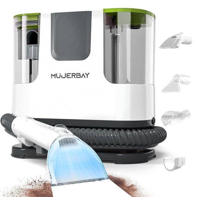 Upholstery Carpet Cleaner, MUJERBAY® 12Kpa Portable Spot and Stain Cleaner, Easy Move with Universal Wheels & Handle, 1.18-inch Deep Cleaning Machine for Couch, Stairs, Car and Pet Messes. Green