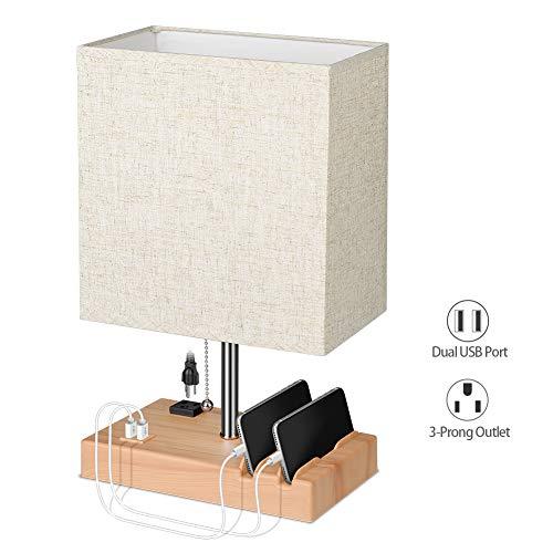 USB Table Lamp ETEKYER Bedside Desk Lamp with Convenience Phone Stand Modern Fabric Shade Nightstand Table Lamps with Pull Chain Switch USB Port and Power Outlet (Beige)