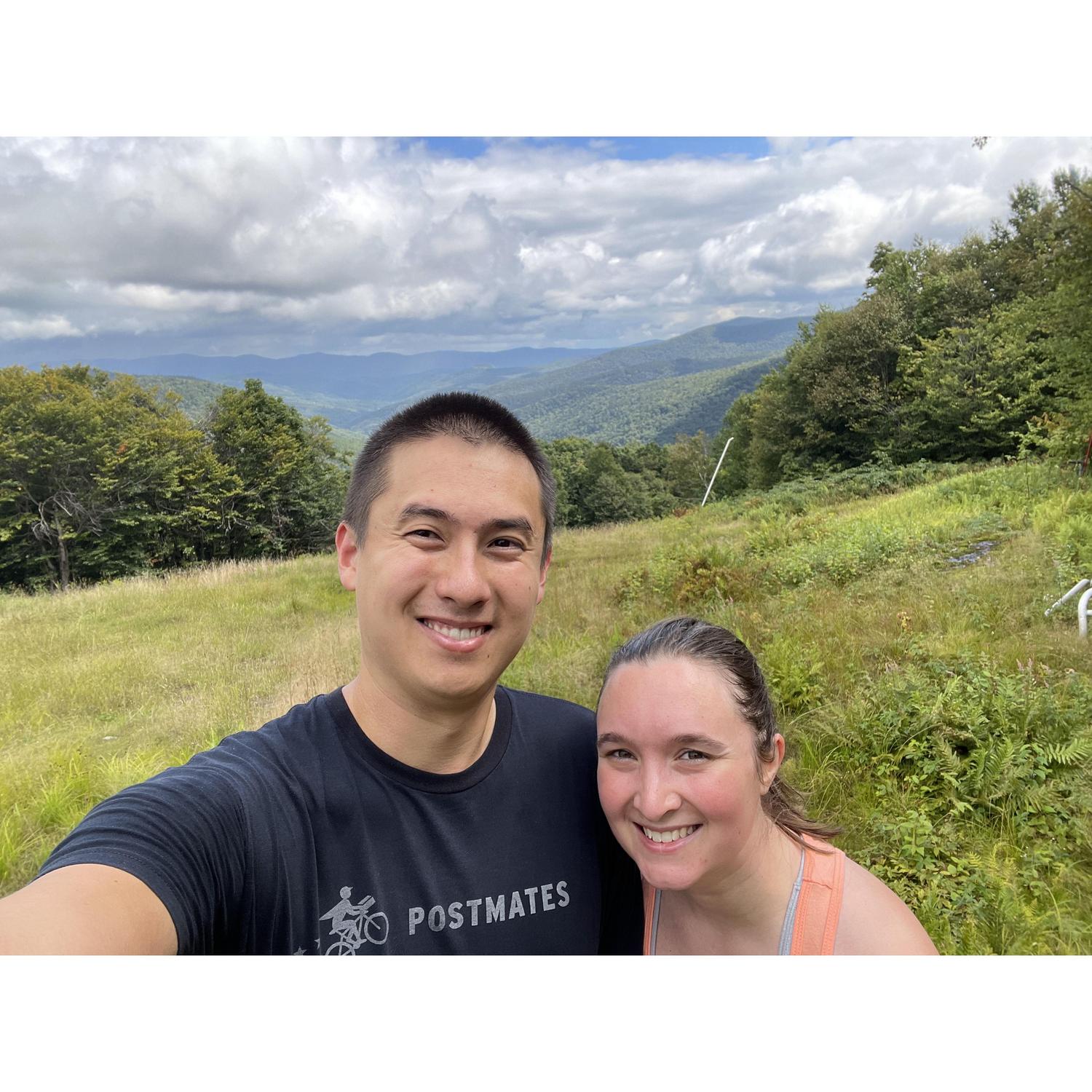 Chet proposed on top of Killington, but to prepare we hiked up to the top of the Middlebury Snowbowl.