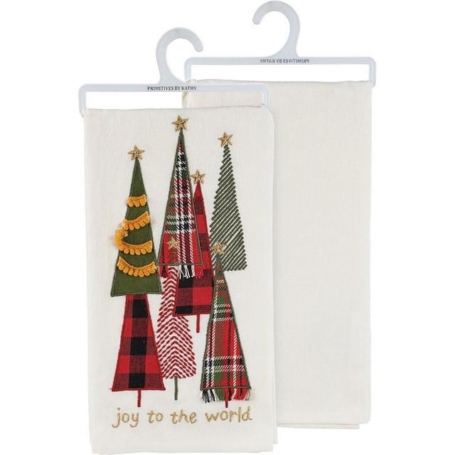 Primitives by Kathy Decorative Kitchen Towel - Joy to The World Sentiment, Festive Holiday Tree Designs with Embroidered Accents, Plaid, poms