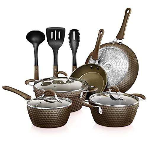 11-Piece Nonstick Kitchen Cookware Set - PTFE/PFOA/PFOS-Free Heat Resistant Kitchen Ware Pots Pan Set Coffee Ceramic Coating - Saucepot, Pans, Cooking Pot Oven Pot, Lid, Utensil -NutriChef NCCW11COF